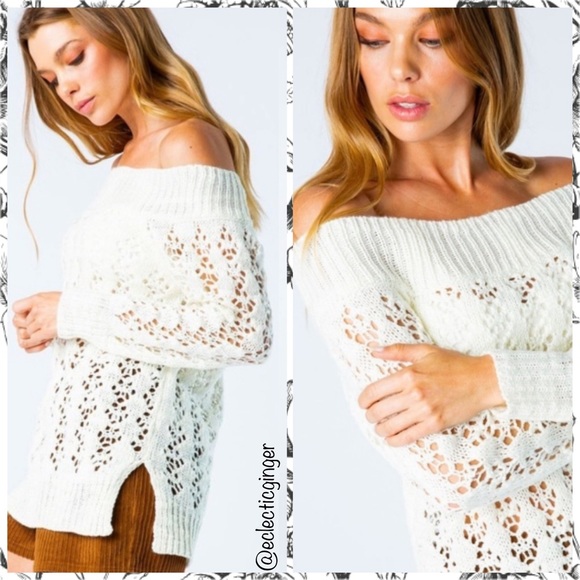 Off white open knit off shoulder long sleeve sweater Size S/M or M/L - Picture 7 of 8